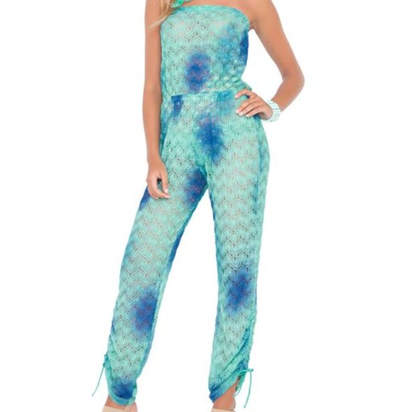 LULI FAMA SIETE MARES Crochet Strapless Jumpsuit Cover Up Size L Blue Multi NEW - Picture 4 of 11